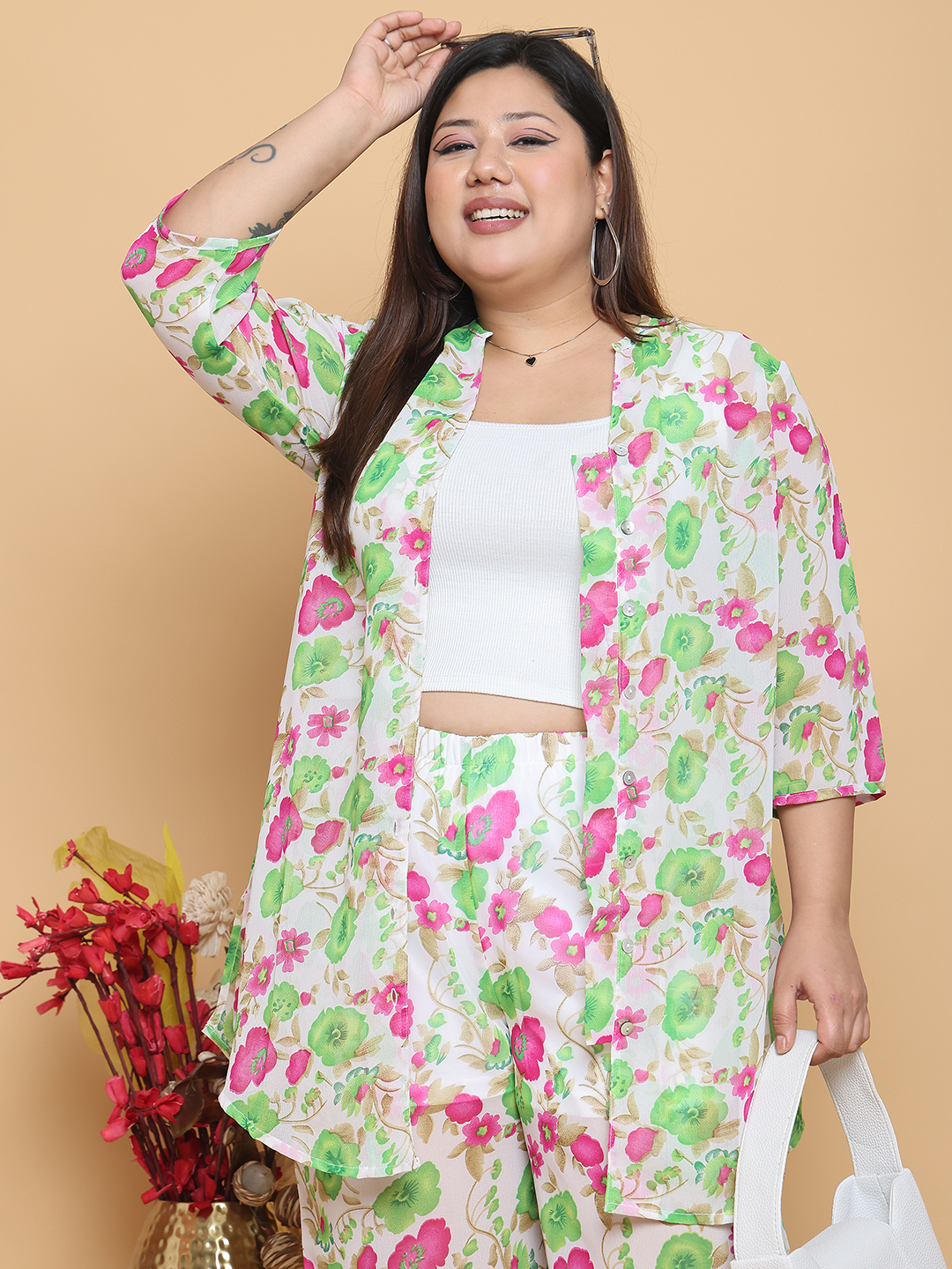 Women's Plus Size Bright Green floral printed casual georgette shirt