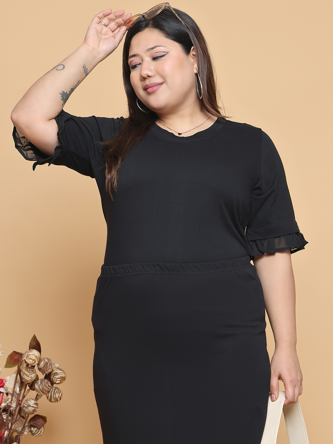 Women's Plus Size Black solid color cotton knitted Top with attached georgette frill at arm