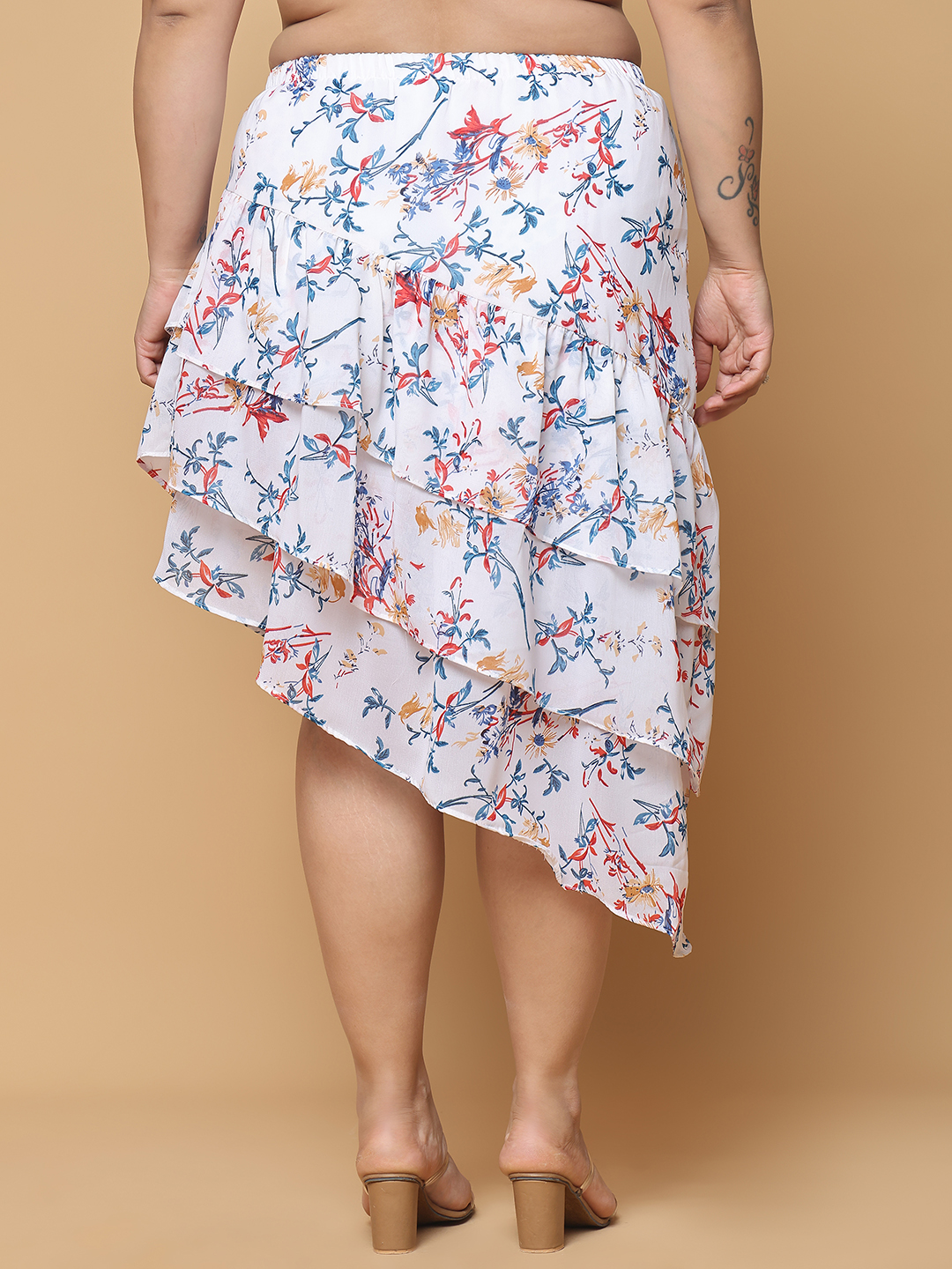 Women's Plus Size White Floral Printed A-Line Georgette Skirt with attached lining