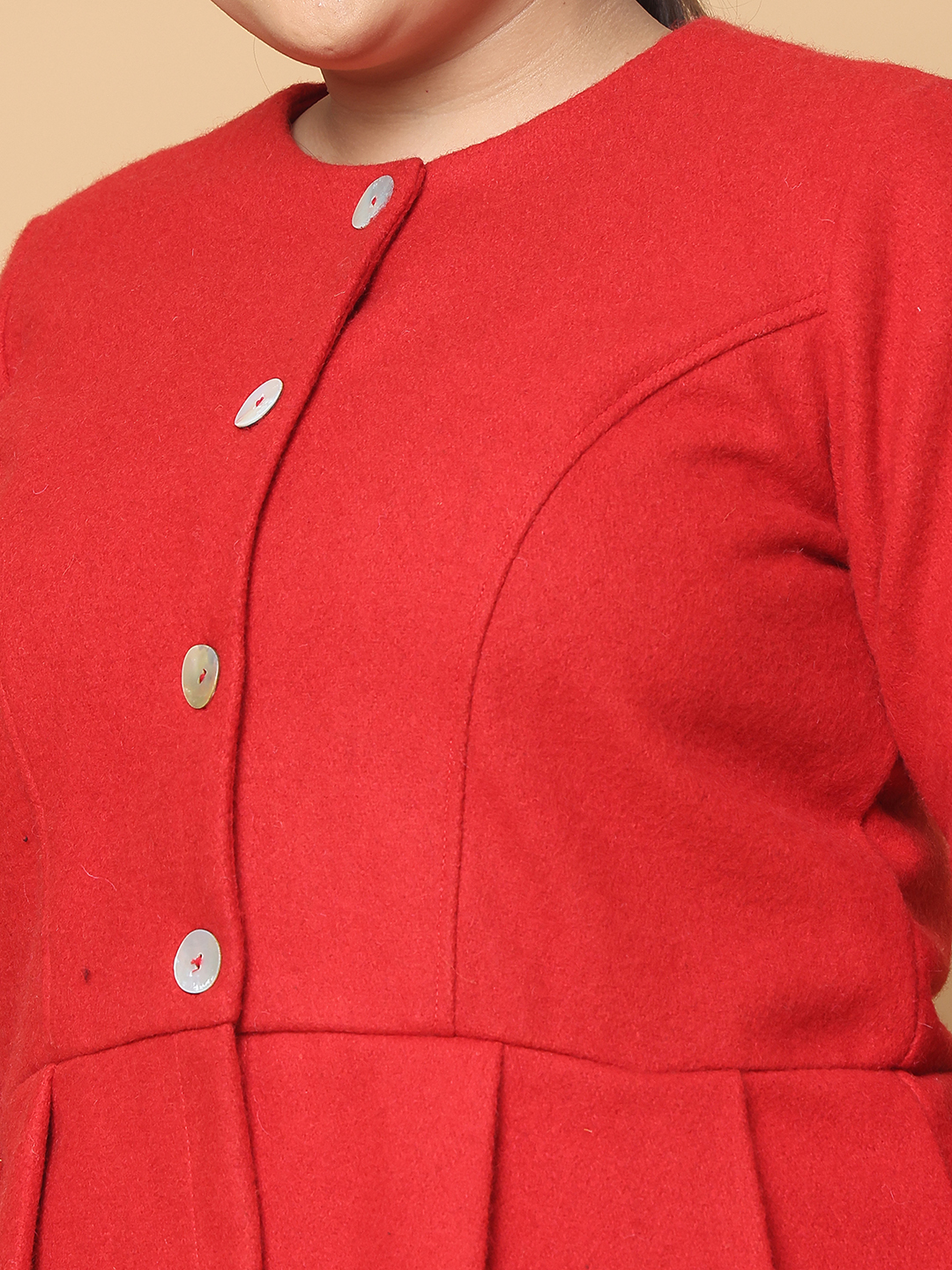 Women's Plus Size Red Solid Color Felt winter Peplum Jacket, has a round neck, front open button closures, long sleeves, pleated detail and straight hem.