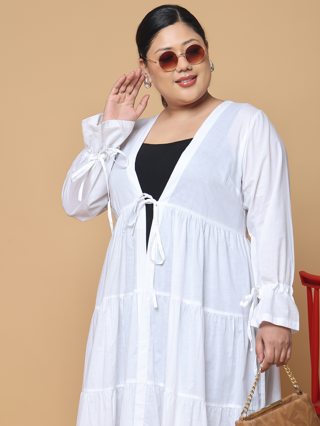 Women's Plus Size White Solid Color Longline Cotton Shrug