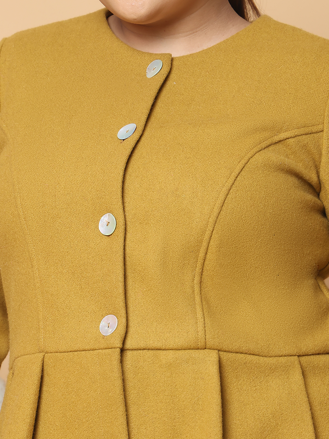 Women's Plus Size Mustard Solid Color Felt winter Peplum Jacket, has a round neck, front open button closures, long sleeves, pleated detail and straight hem.