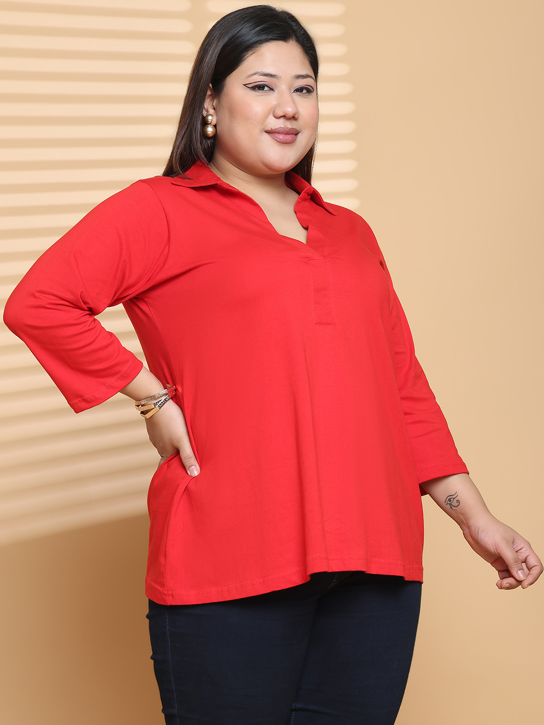 Women's Plus Size Red Solid Color Cotton knitted T-shirt