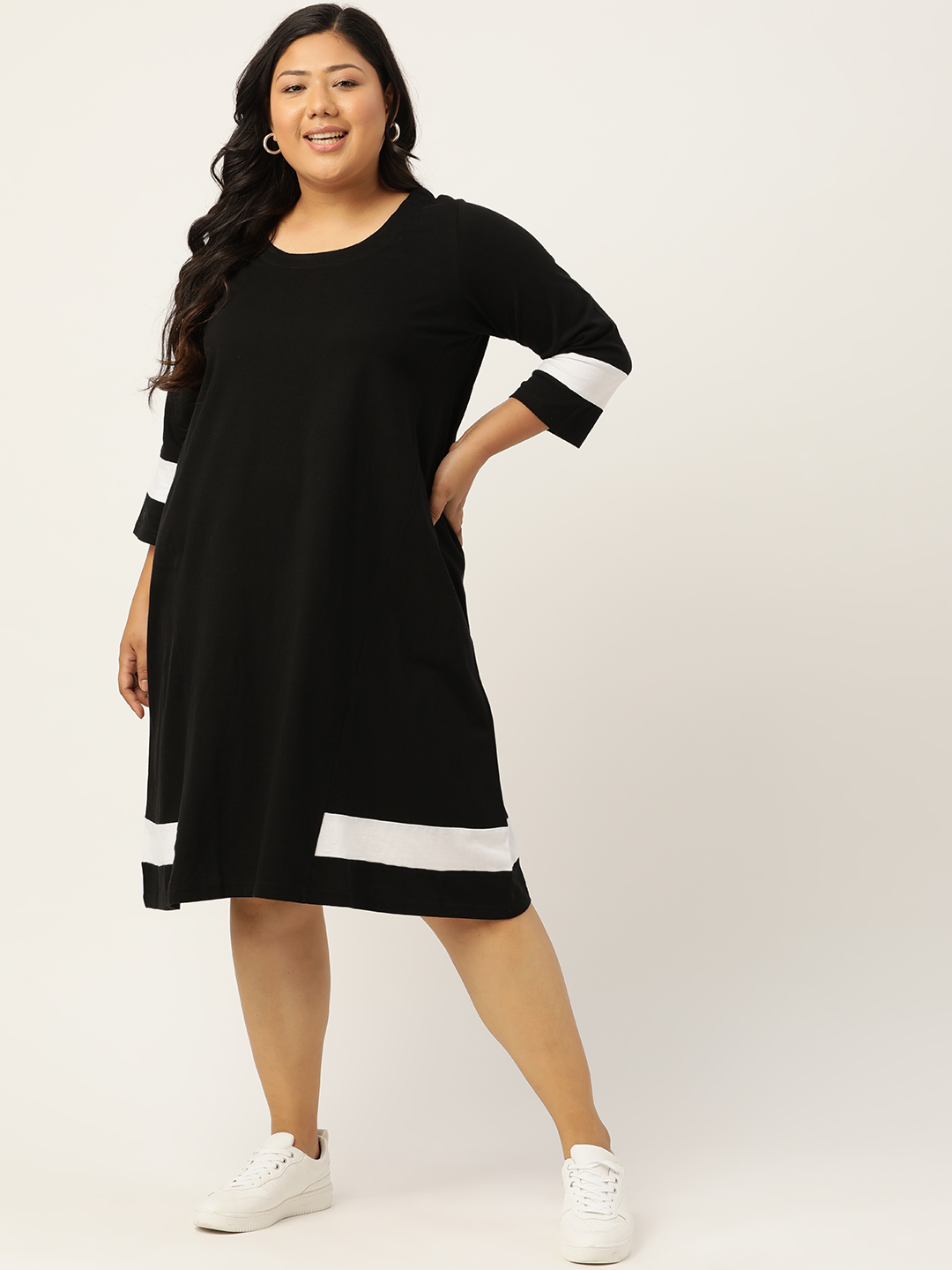 Women's Plus Size Black Solid Color Cotton Knitted A-Line Dress