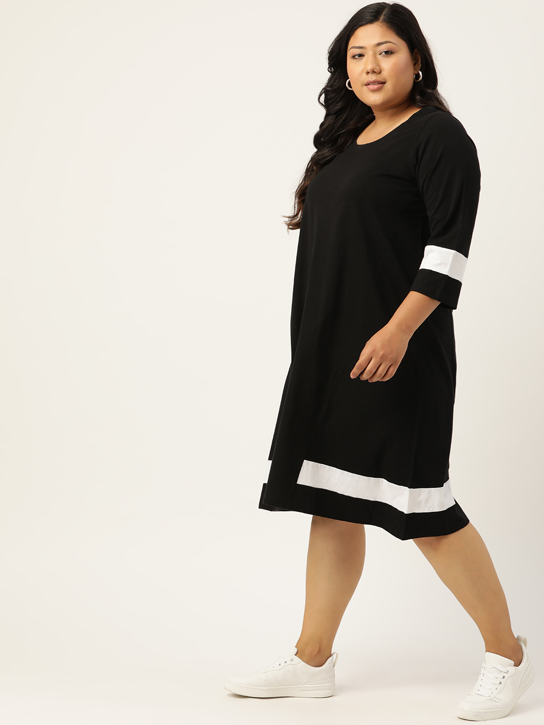 Women's Plus Size Black Solid Color Cotton Knitted A-Line Dress