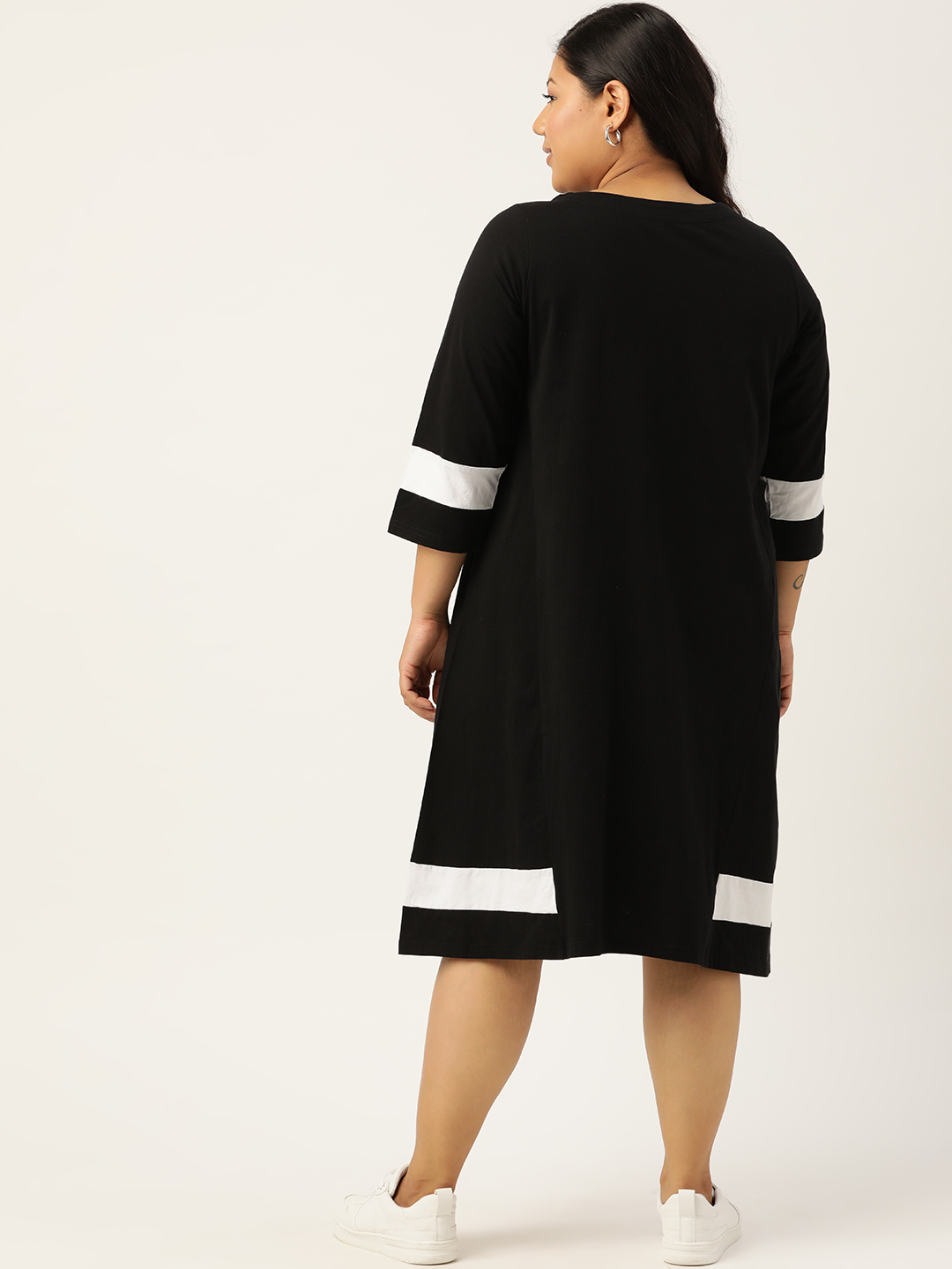 Women's Plus Size Black Solid Color Cotton Knitted A-Line Dress