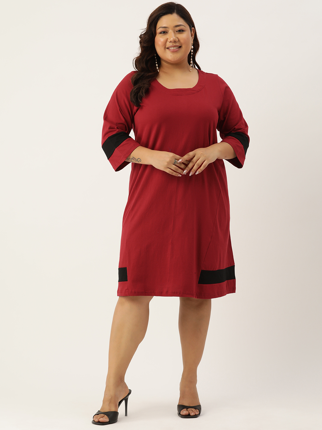 Women's Plus Size Maroon Solid Color Cotton Knitted A-Line Dress
