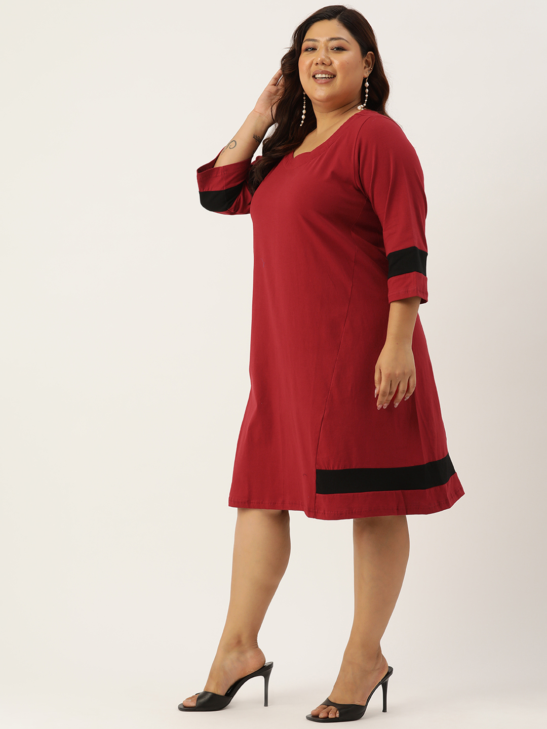 Women's Plus Size Maroon Solid Color Cotton Knitted A-Line Dress