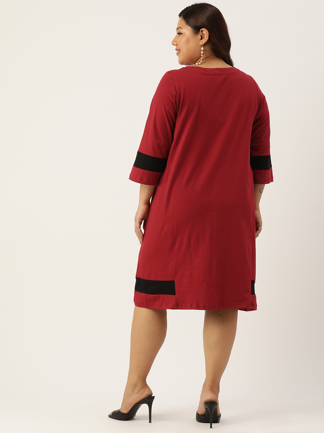 Women's Plus Size Maroon Solid Color Cotton Knitted A-Line Dress