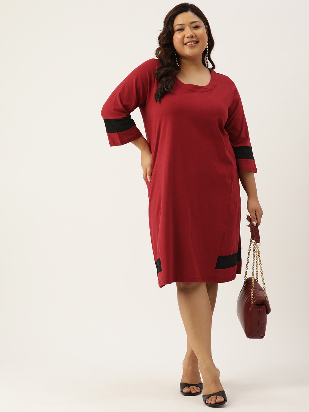 Women's Plus Size Maroon Solid Color Cotton Knitted A-Line Dress