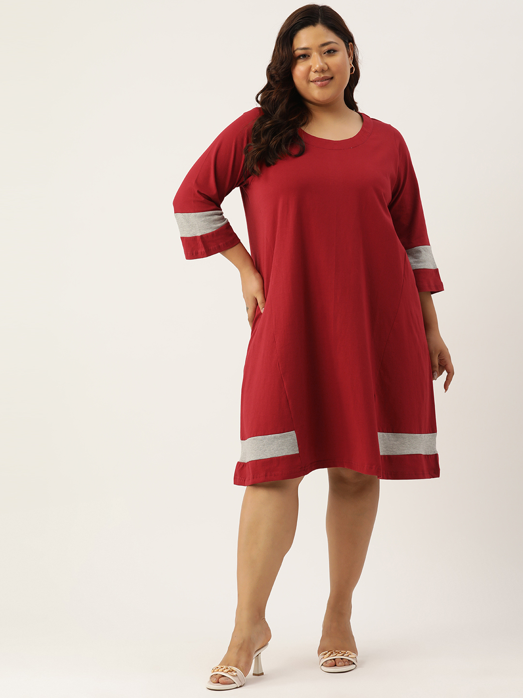 Women's Plus Size Maroon Solid Color Cotton Knitted A-Line Dress