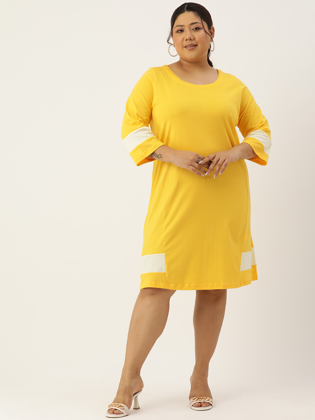 Women's Plus Size Yellow Solid Color Cotton Knitted A-Line Dress