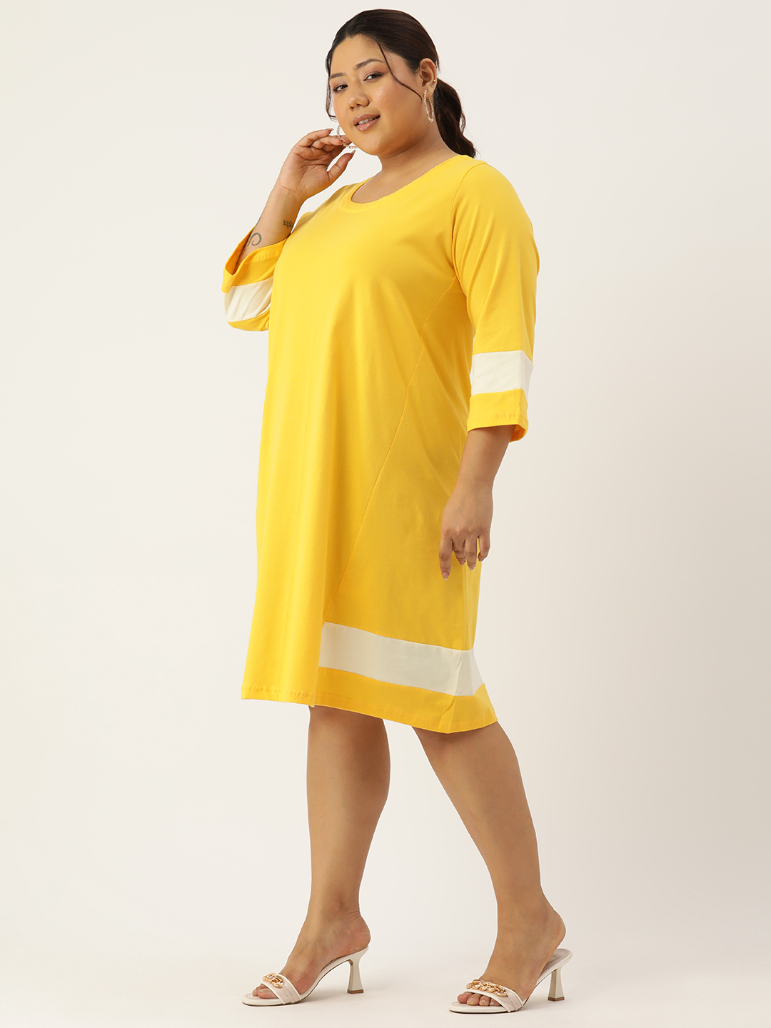 Women's Plus Size Yellow Solid Color Cotton Knitted A-Line Dress