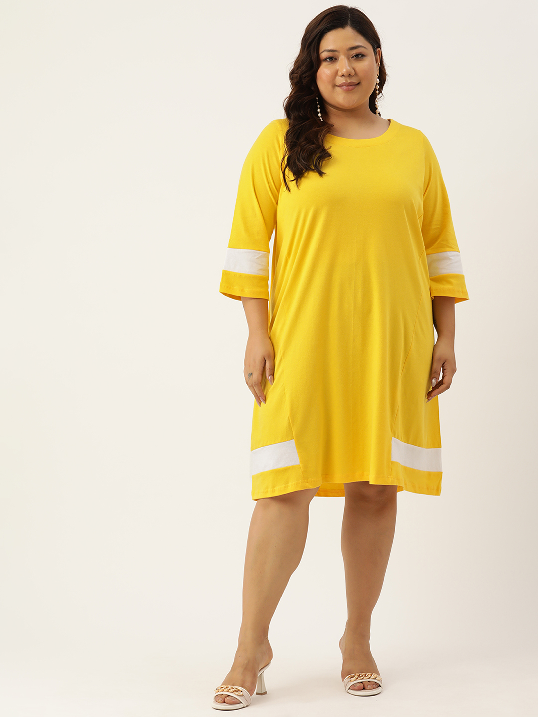 Women's Plus Size Yellow Solid Color Cotton Knitted A-Line Dress