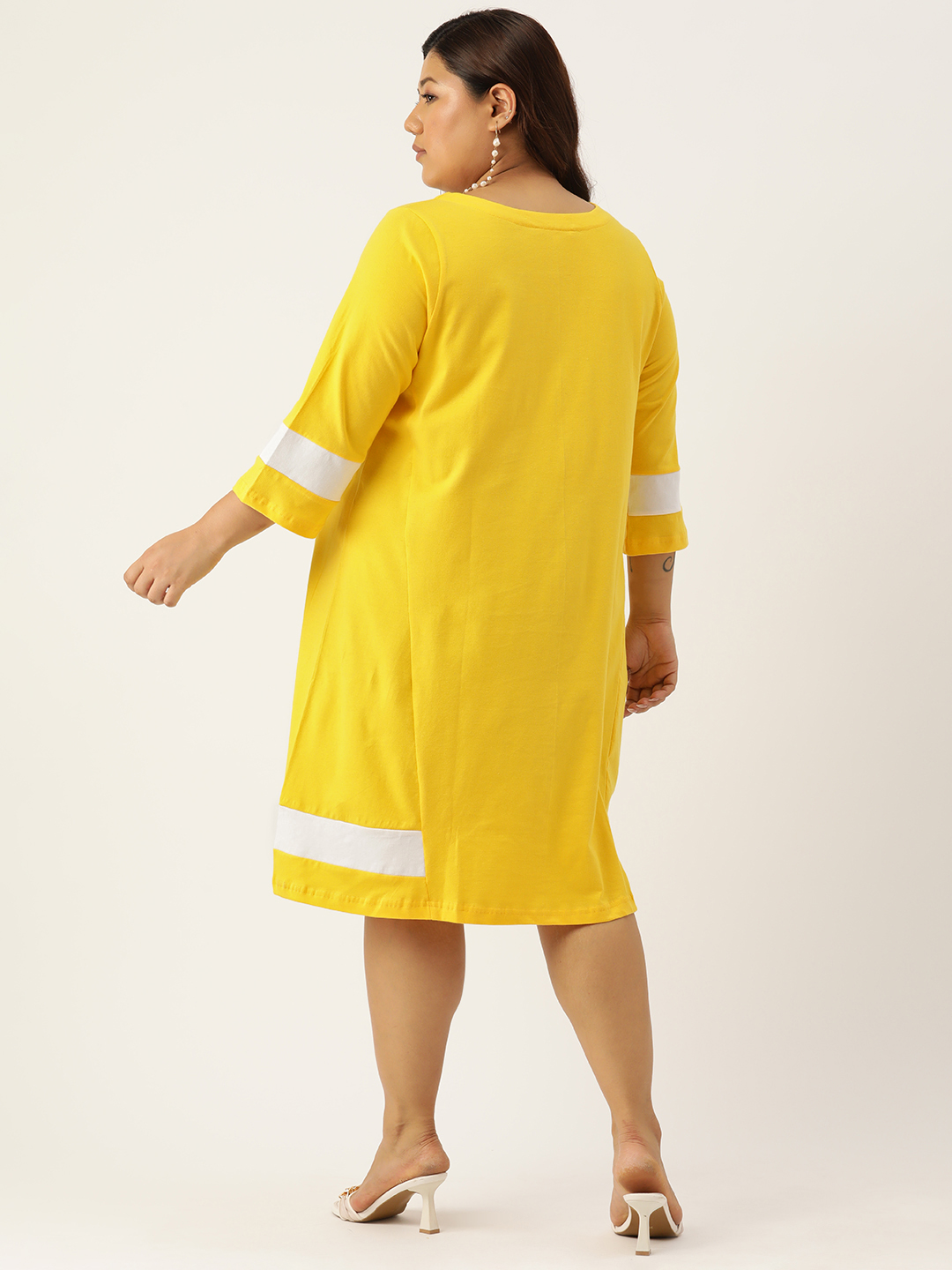 Women's Plus Size Yellow Solid Color Cotton Knitted A-Line Dress