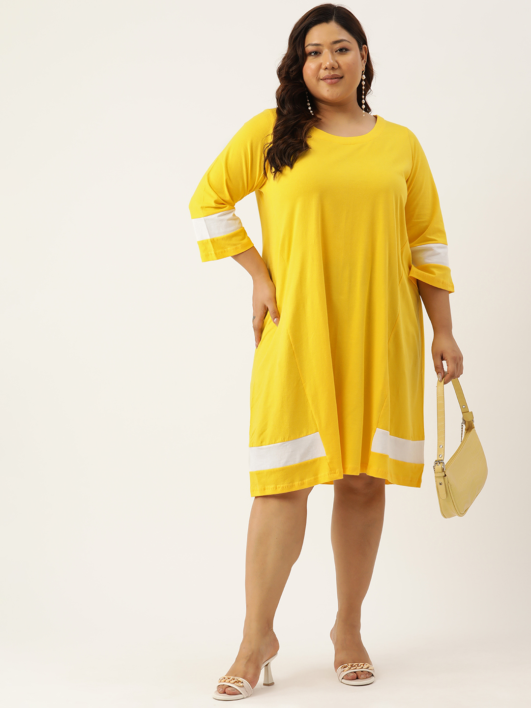 Women's Plus Size Yellow Solid Color Cotton Knitted A-Line Dress