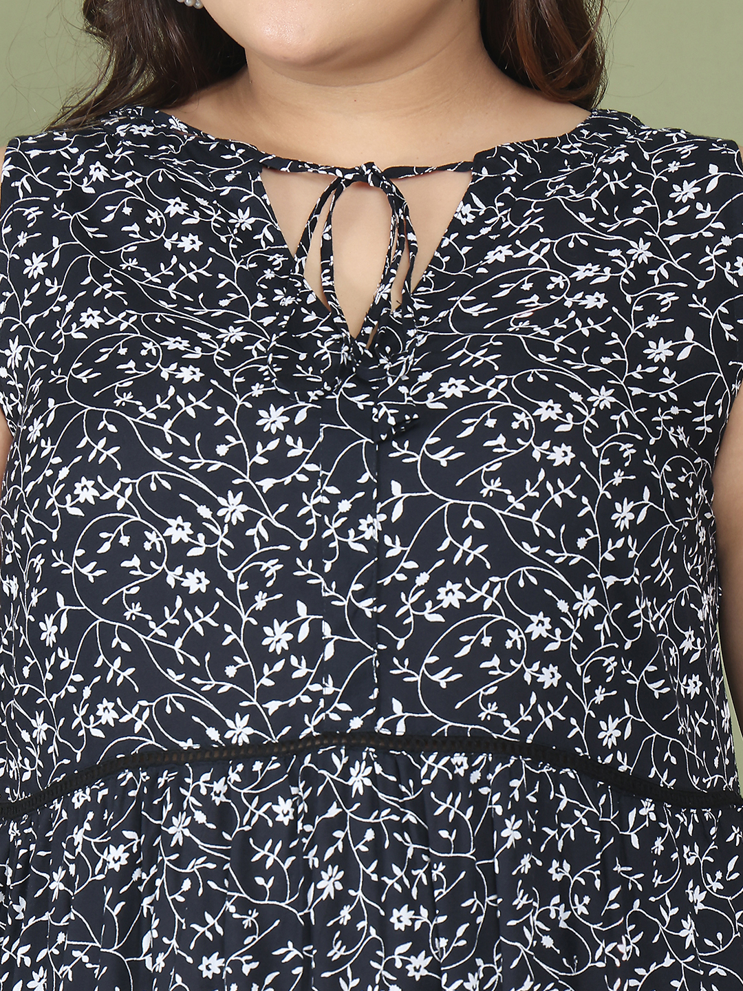 Women's Plus Size Black small floral printed a-line dress with attached ladder lace detail