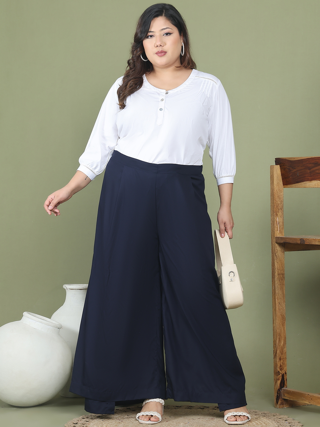 Women's Plus Size Navy Blue solid color woven wrap wide leg Trouser
