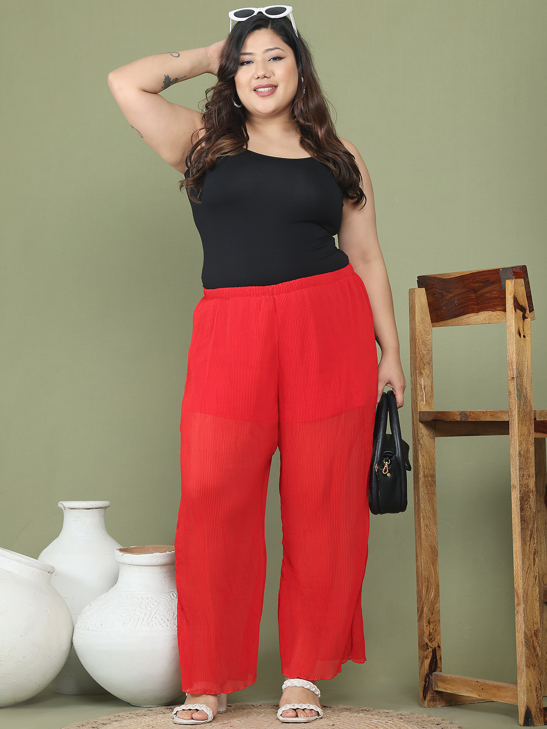 Women's Plus Size Red Solid color Heat Set Trouser