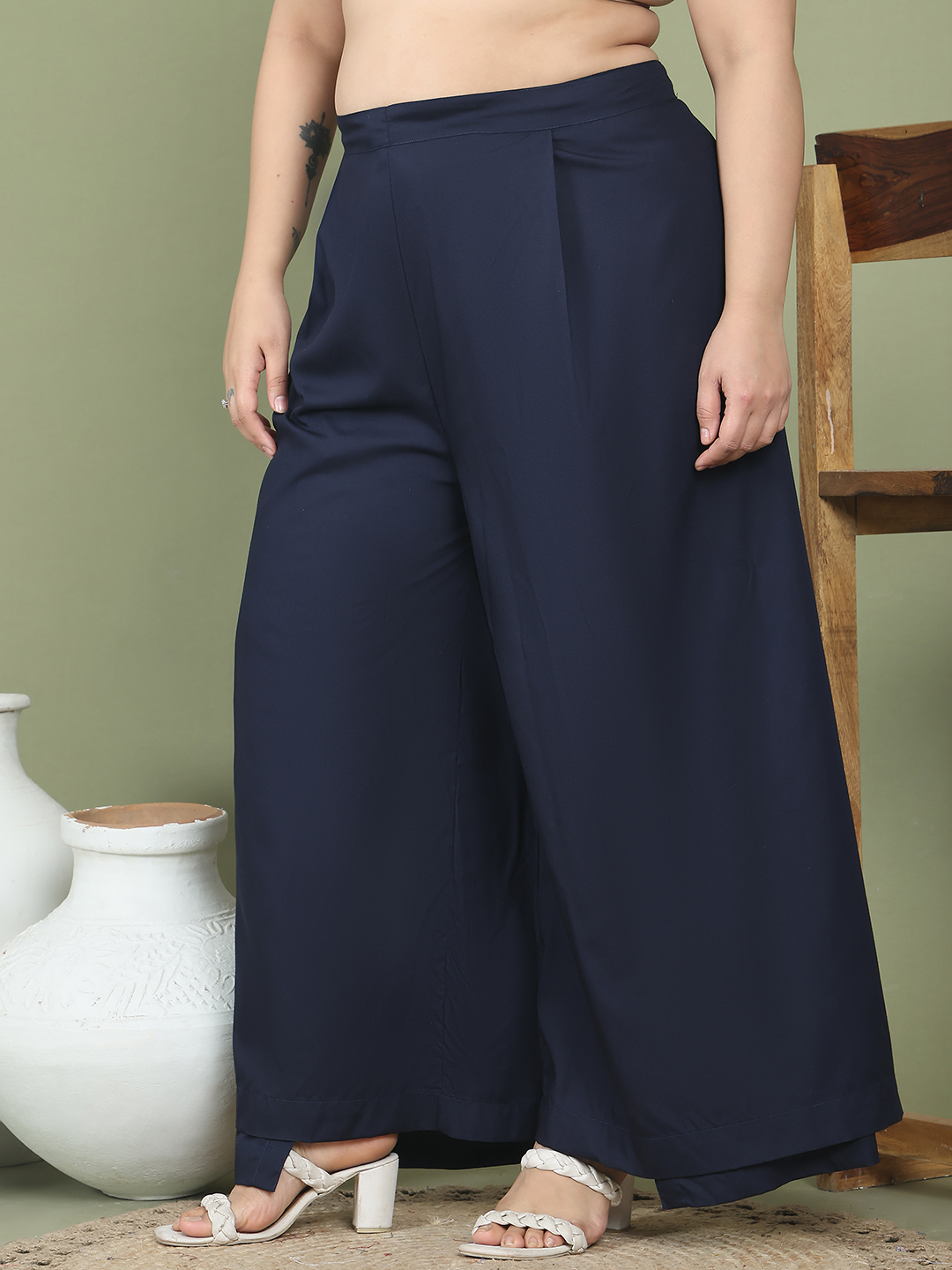 Women's Plus Size Navy Blue solid color woven wrap wide leg Trouser