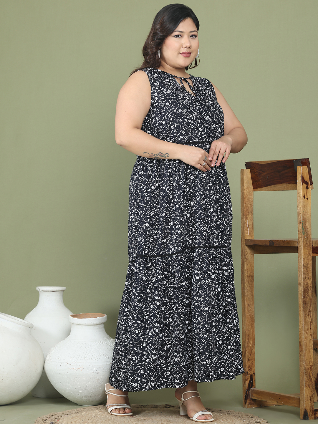 Women's Plus Size Black small floral printed a-line dress with attached ladder lace detail