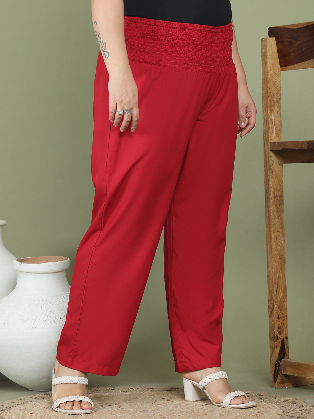 Women's Plus Size Maroon Solid Color Woven Straight Fit Trouser