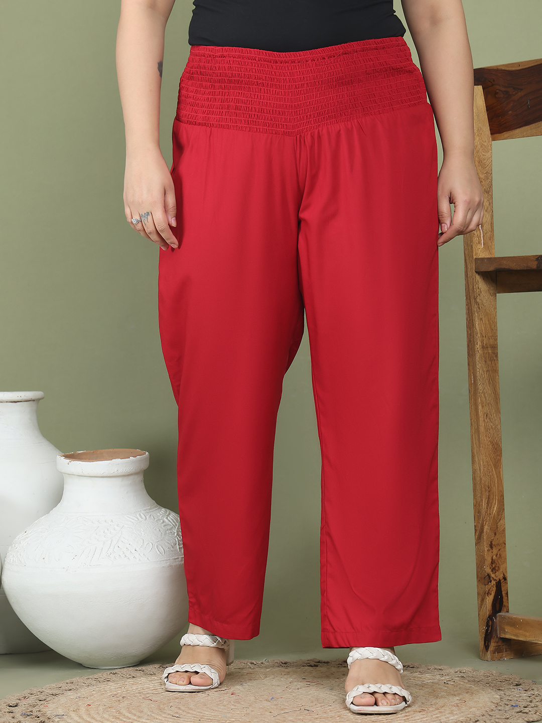Women's Plus Size Maroon Solid Color Woven Straight Fit Trouser