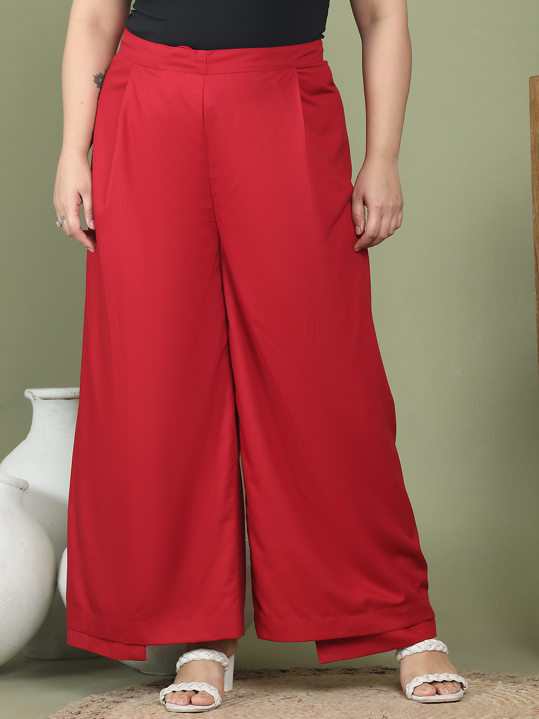 Women's Plus Size Maroon solid color woven wrap wide leg Trouser