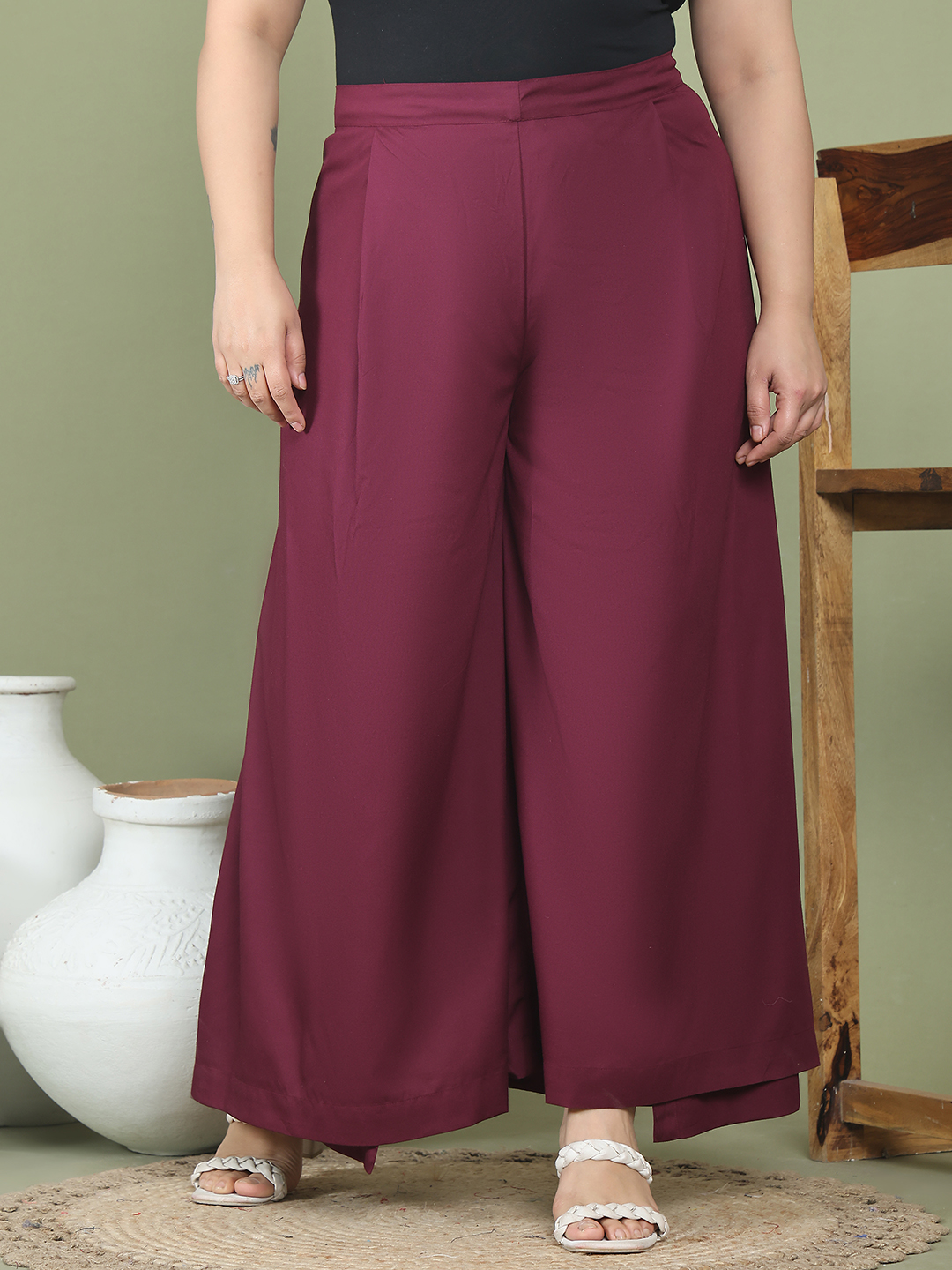 Women's Plus Size Plum solid color woven wrap wide leg Trouser