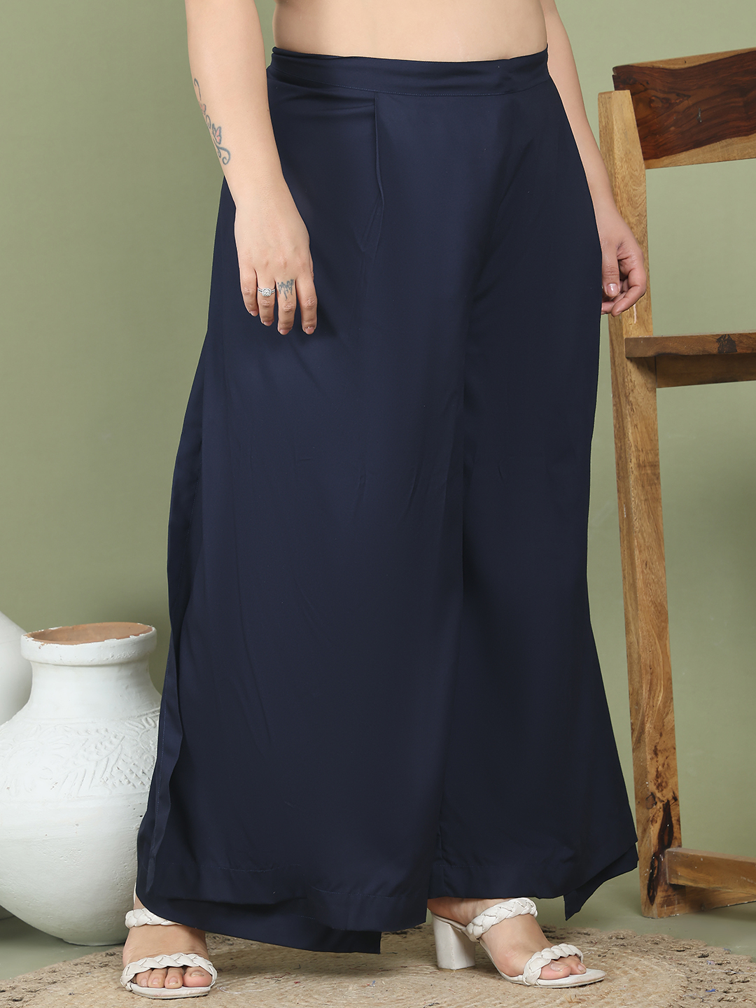 Women's Plus Size Navy Blue solid color woven wrap wide leg Trouser