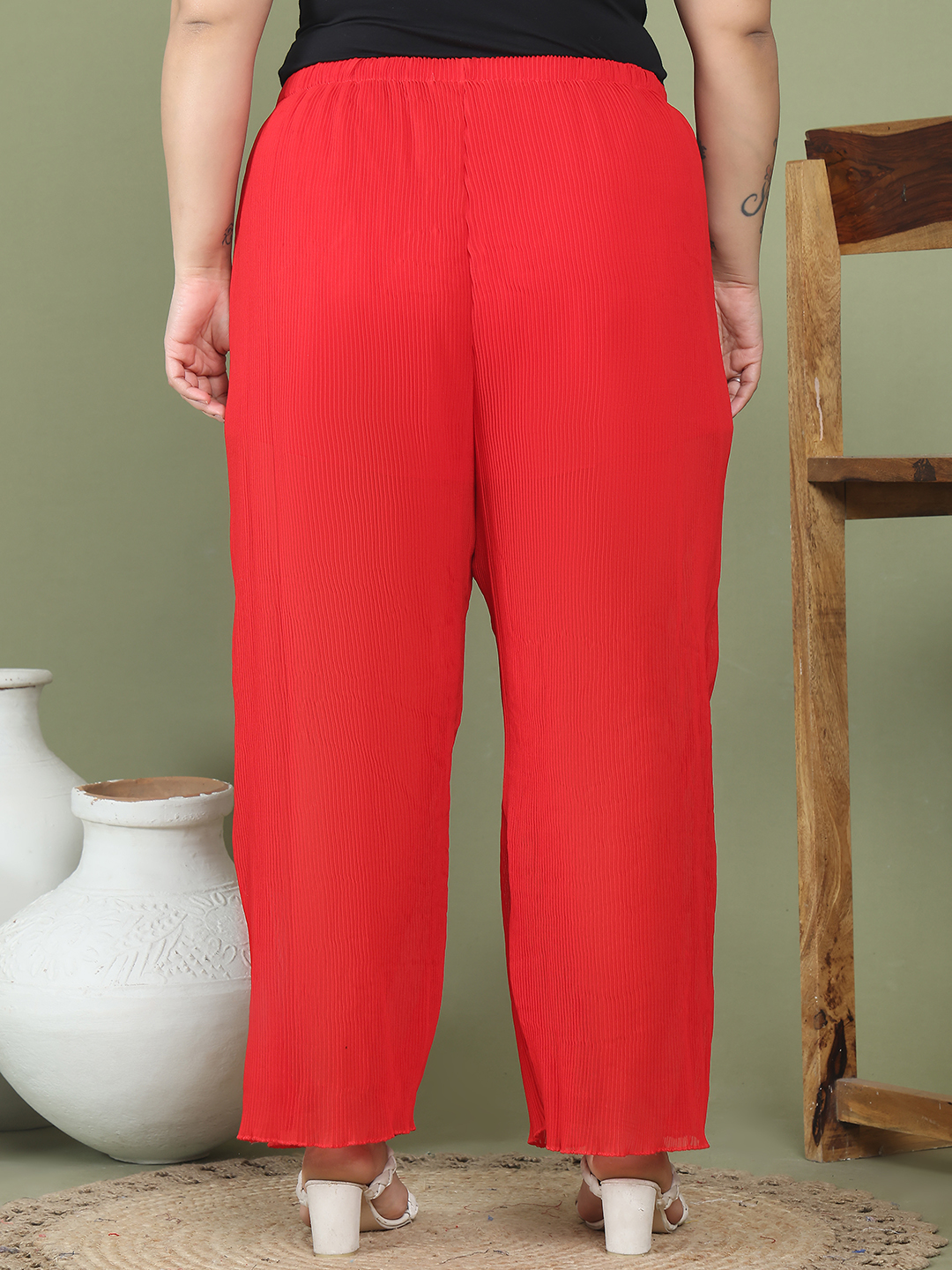Women's Plus Size Red Solid color Heat Set Trouser