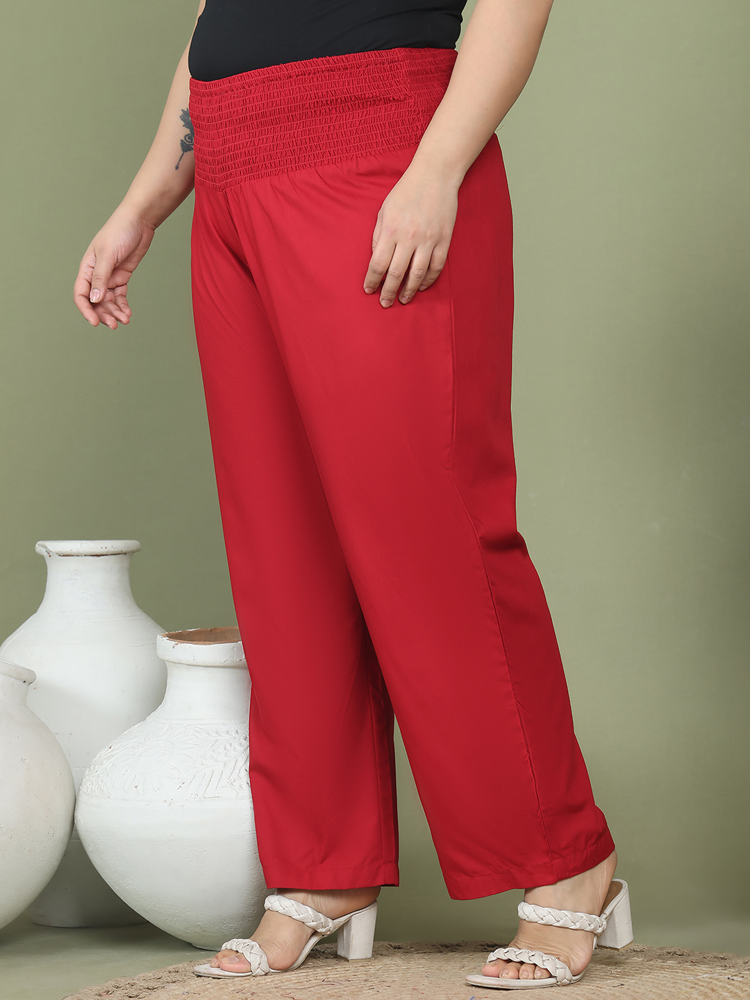 Women's Plus Size Maroon Solid Color Woven Straight Fit Trouser