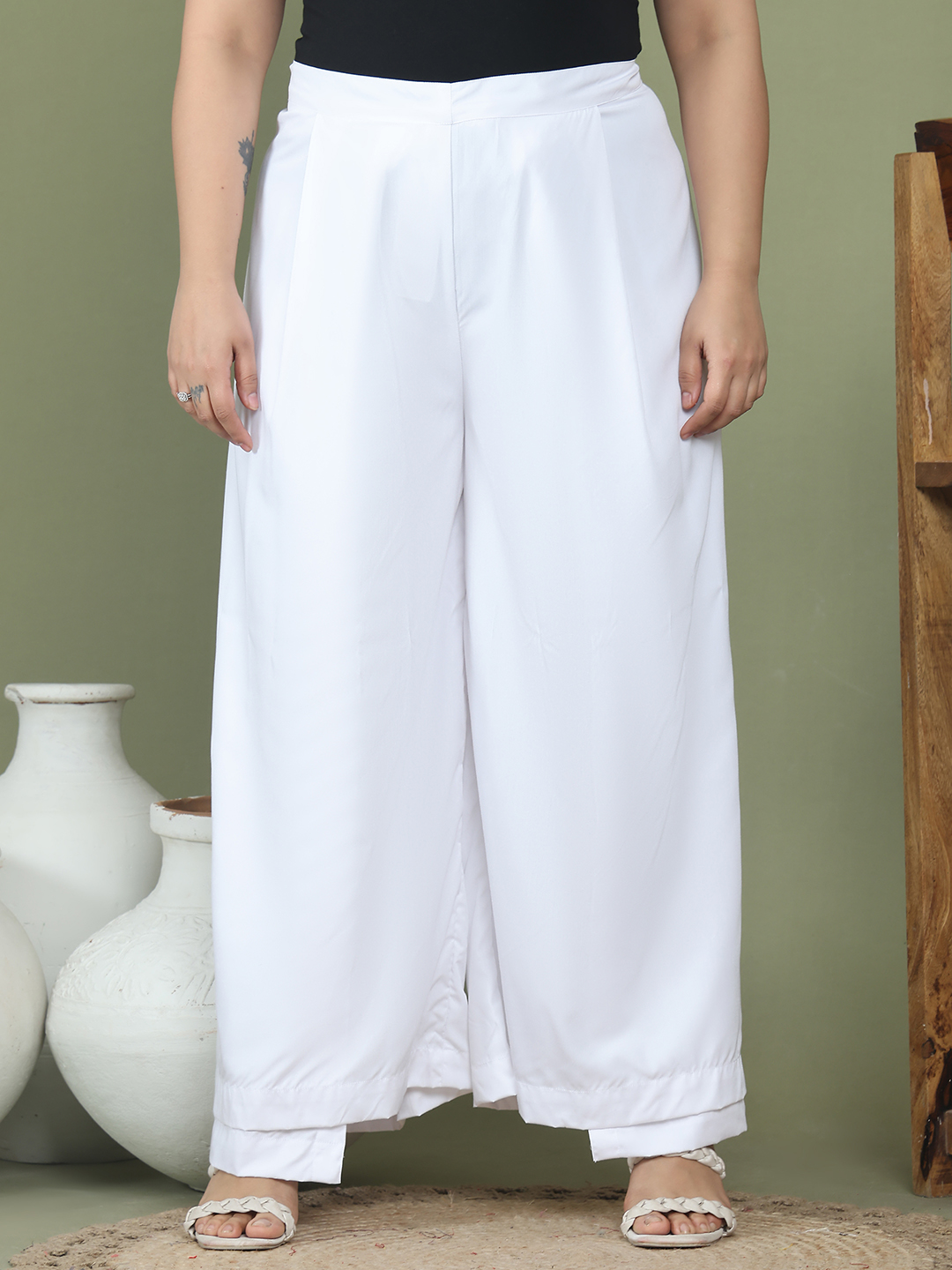 Women's Plus Size White solid color woven wrap wide leg Trouser