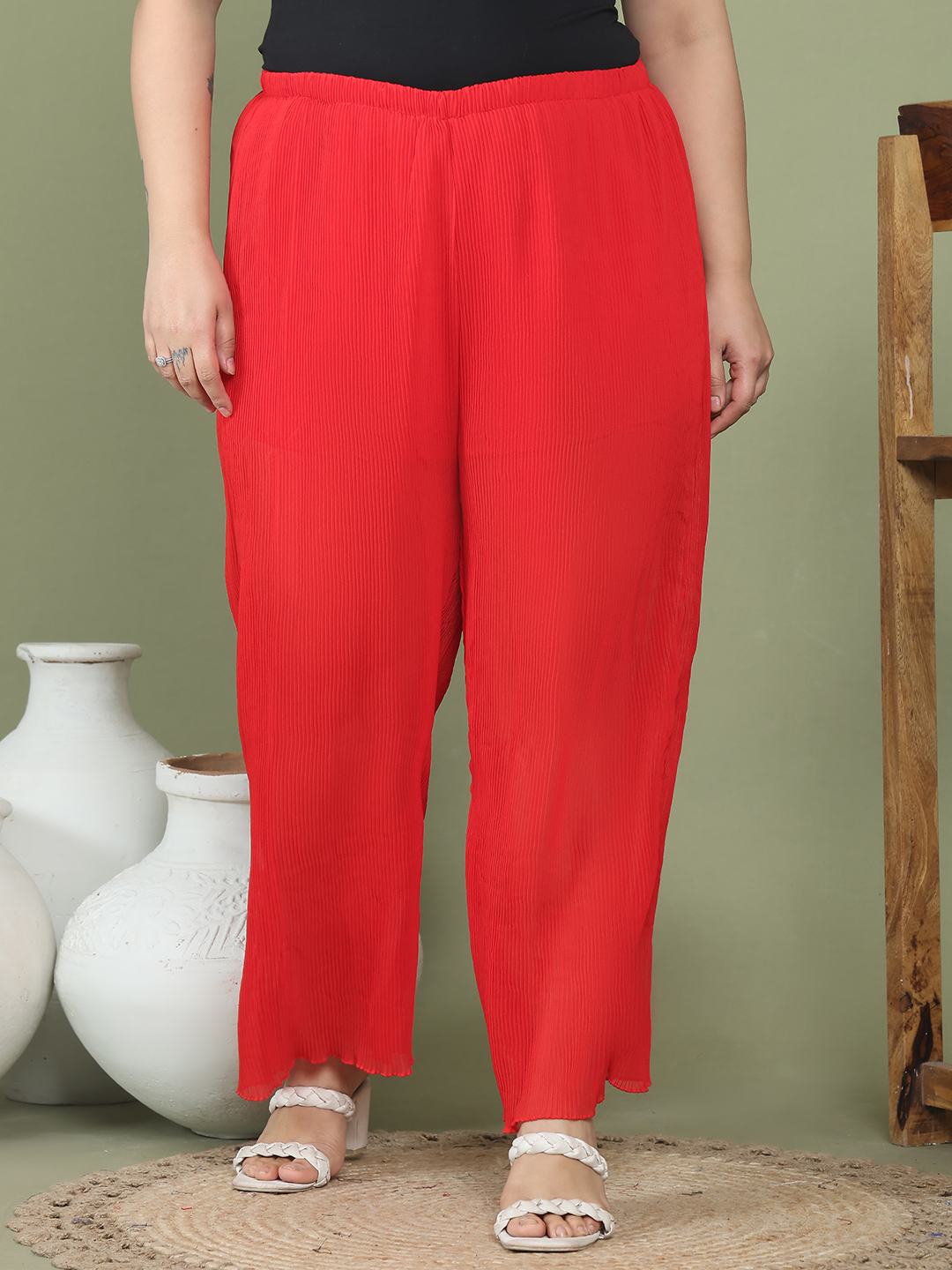 Women's Plus Size Red Solid color Heat Set Trouser