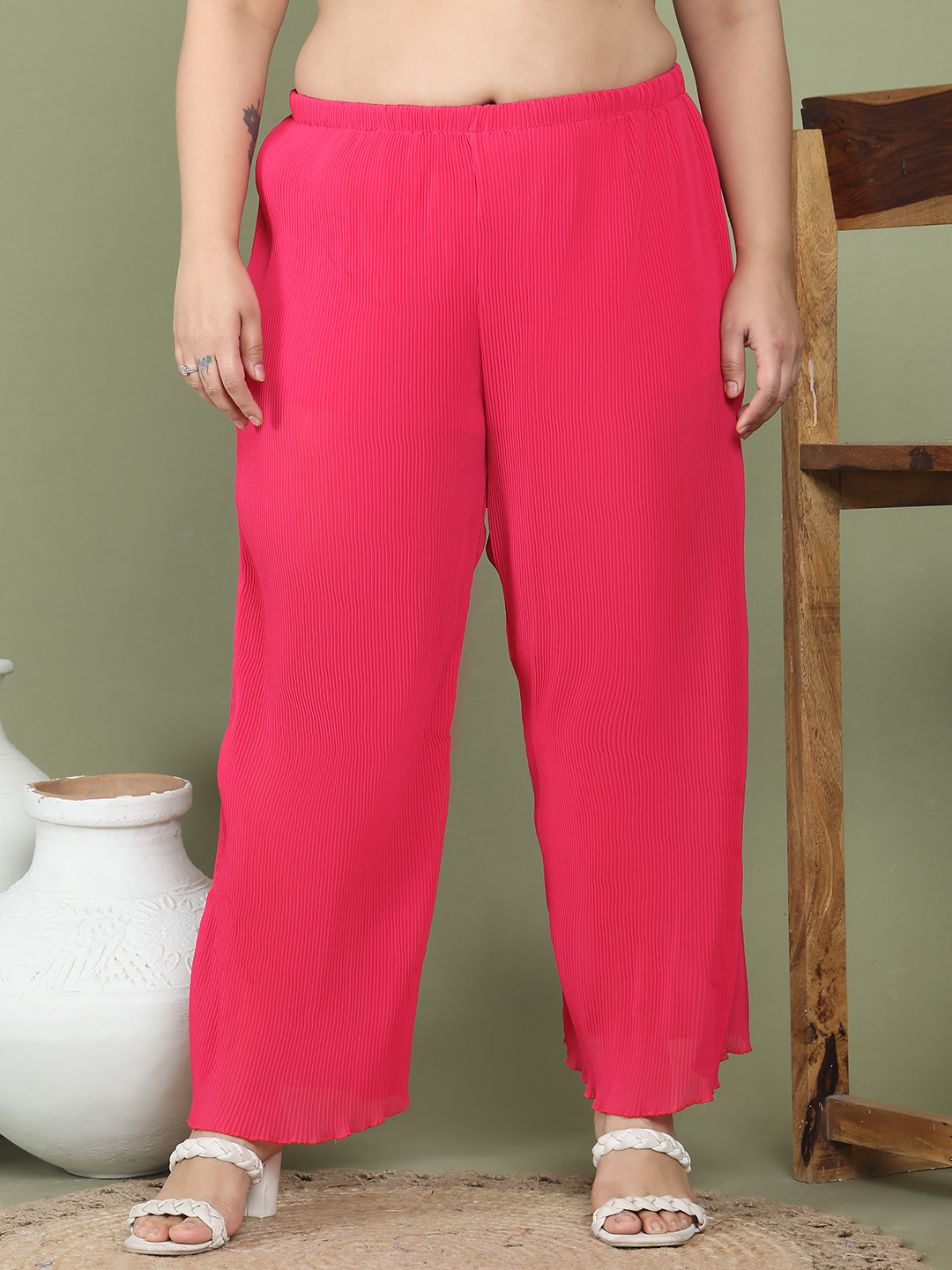 Women's Plus Size Fuchsia Solid color Heat Set Trouser