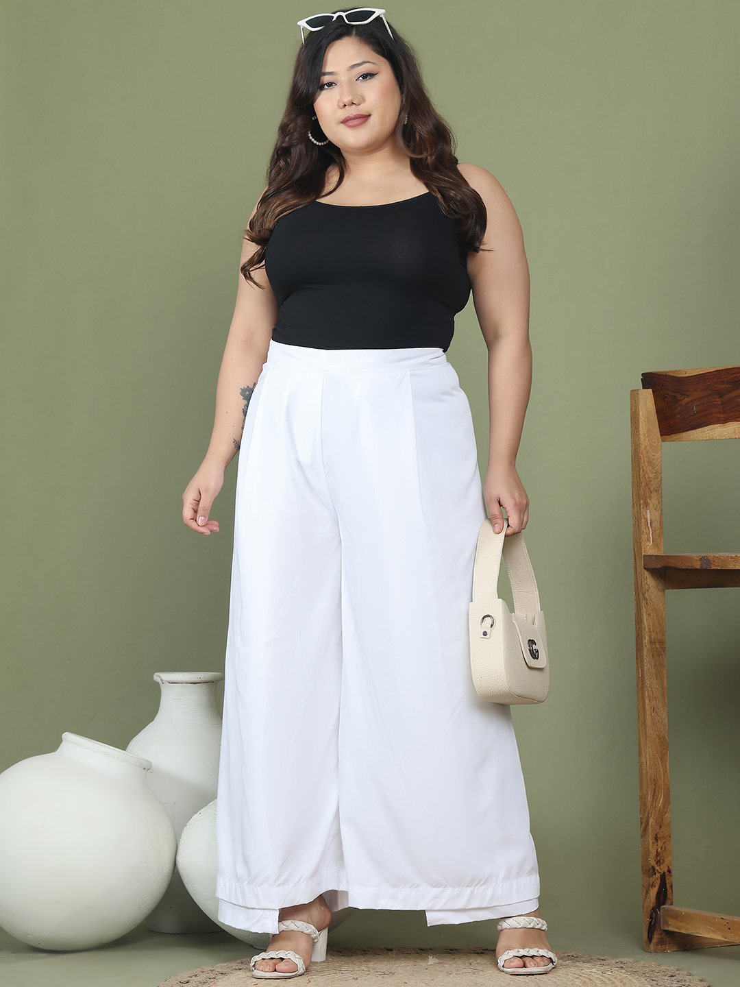Women's Plus Size White solid color woven wrap wide leg Trouser