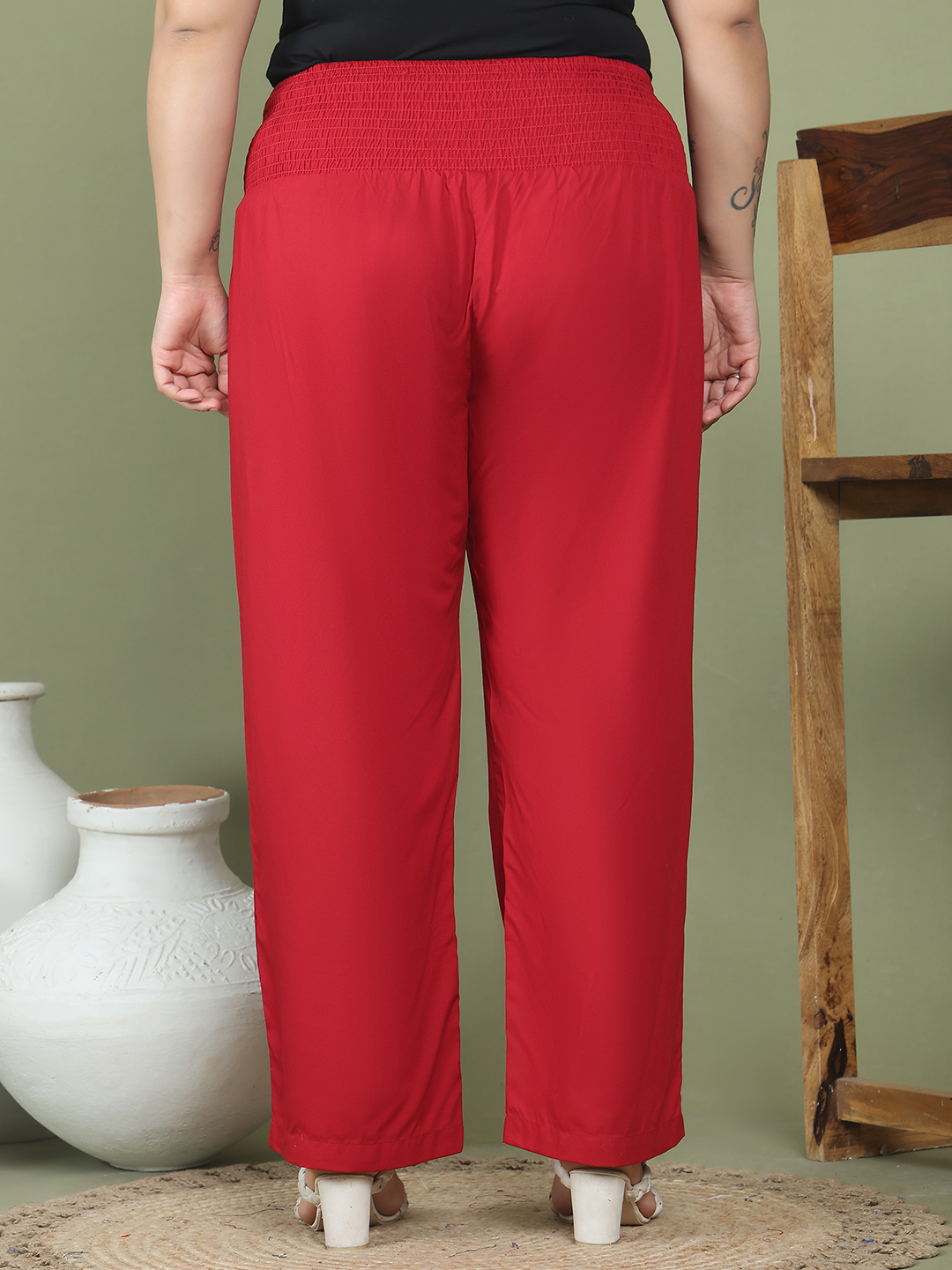 Women's Plus Size Maroon Solid Color Woven Straight Fit Trouser
