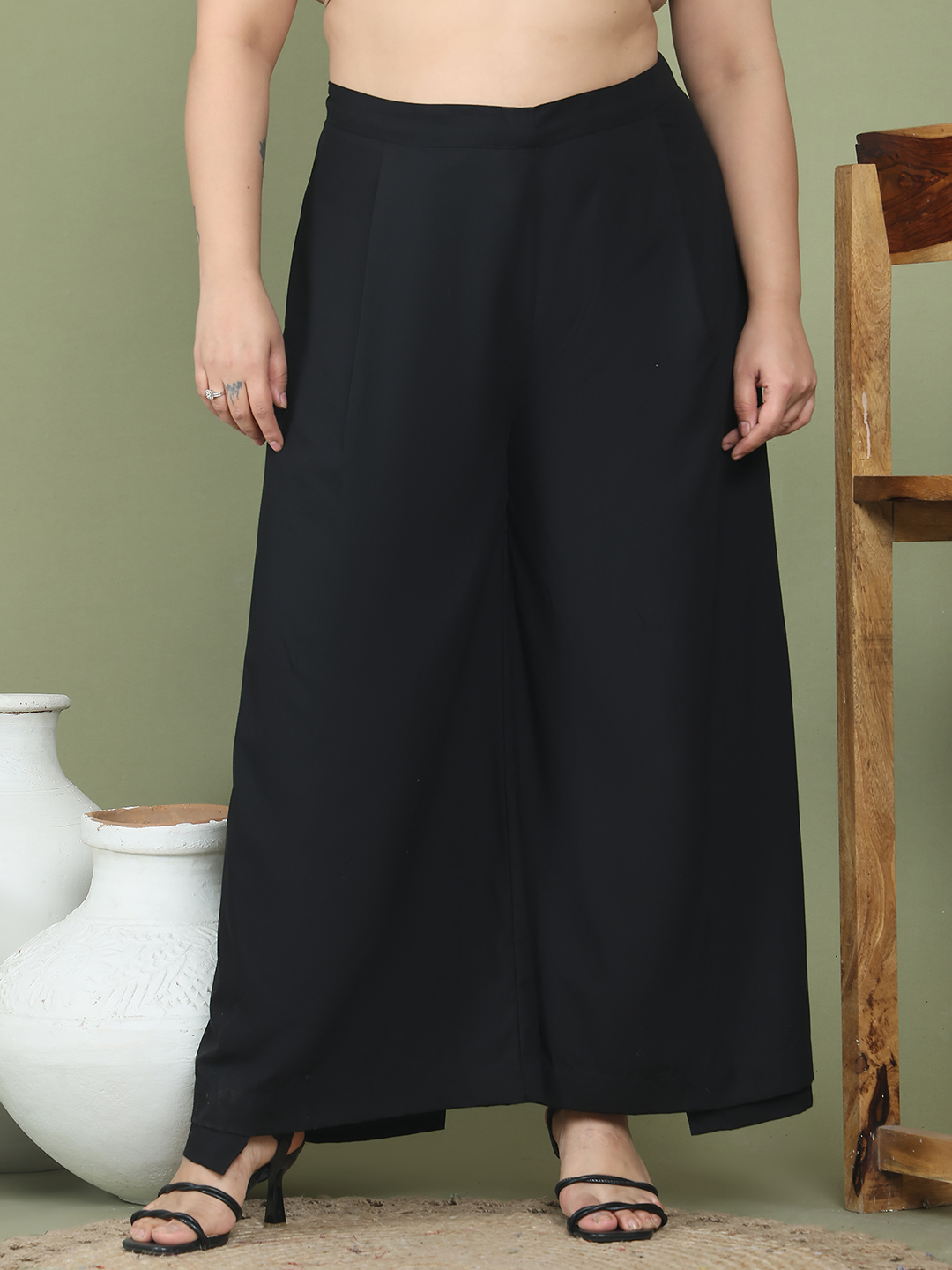 Women's Plus Size Black solid color woven wrap wide leg Trouser