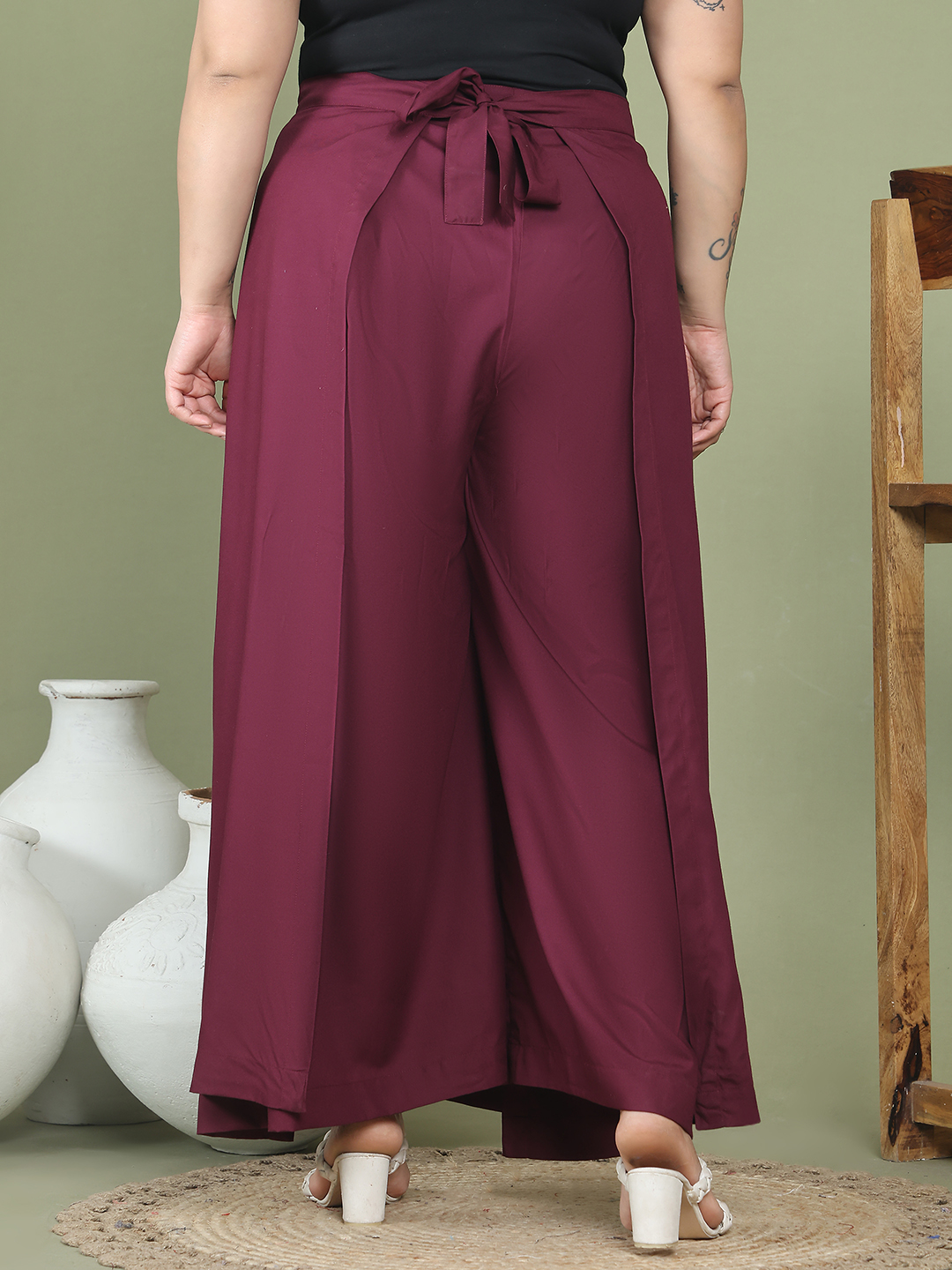 Women's Plus Size Plum solid color woven wrap wide leg Trouser