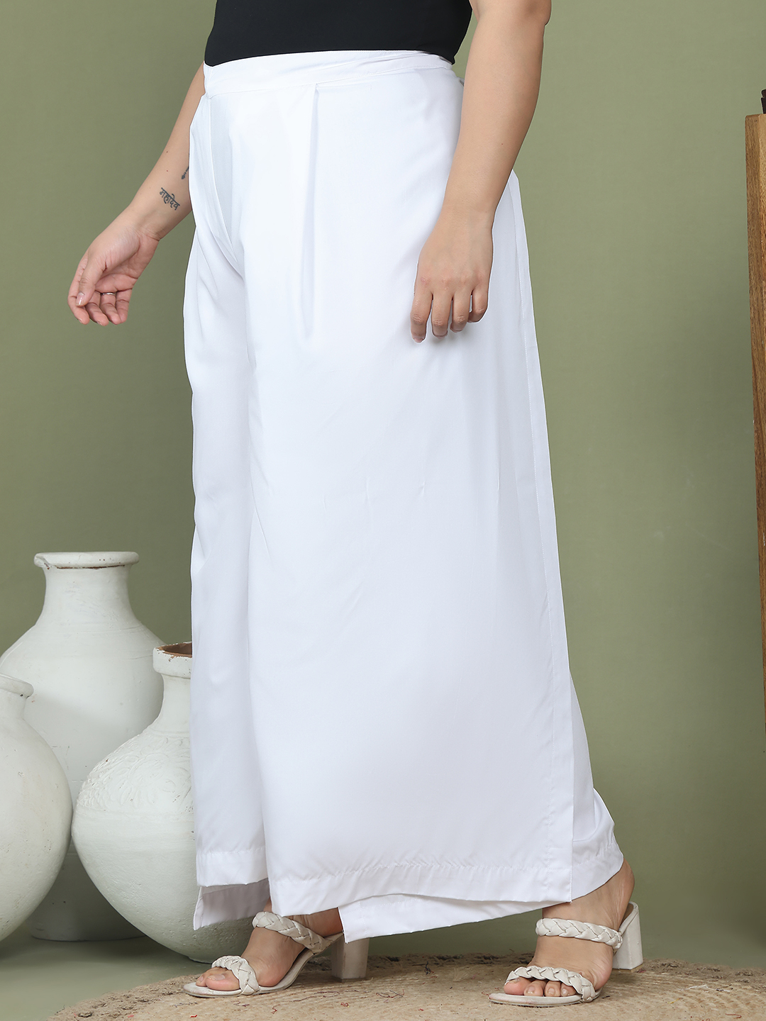 Women's Plus Size White solid color woven wrap wide leg Trouser