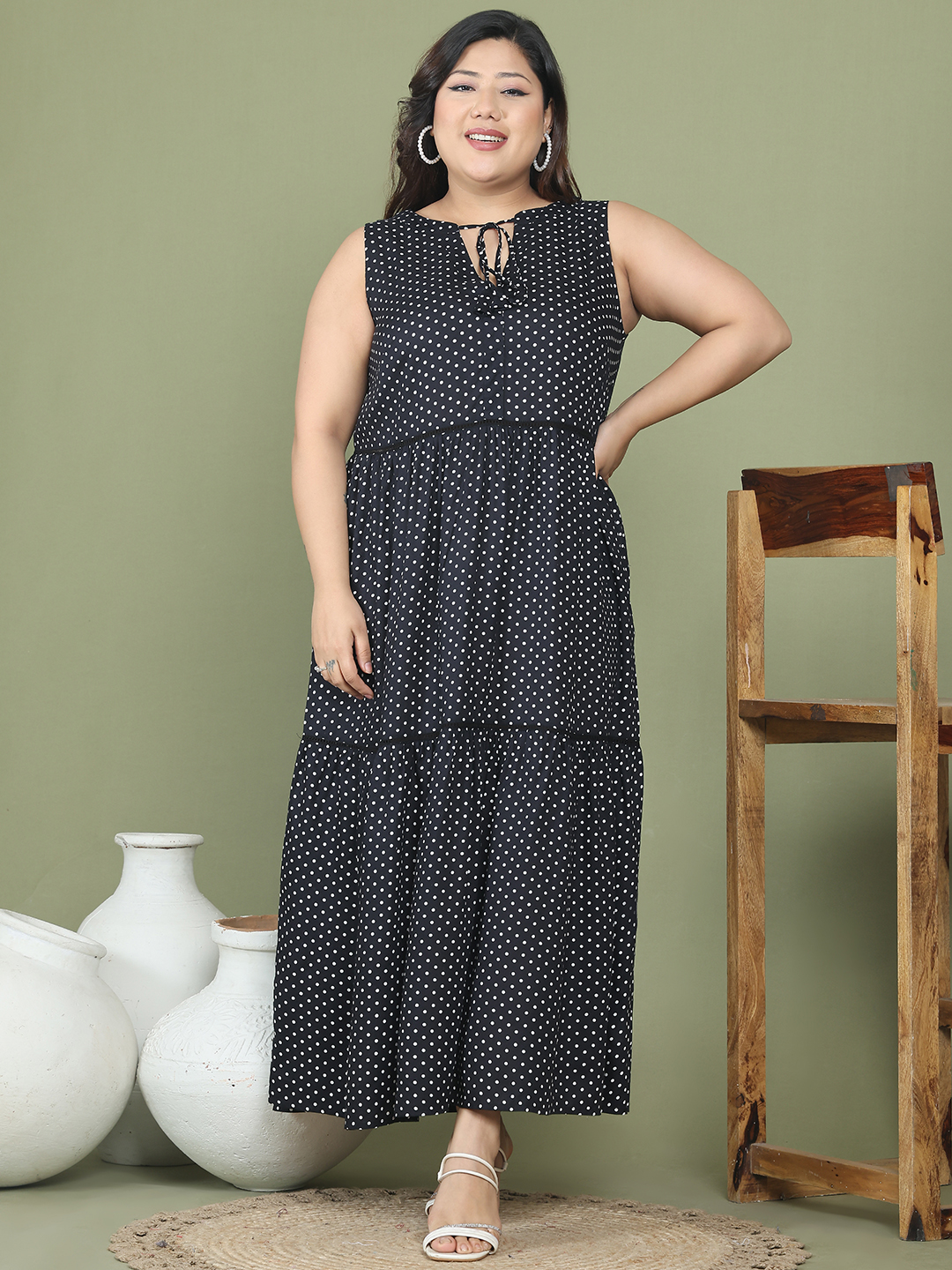 Women's Plus Size Black & White polka dot printed a-line dress with attached ladder lace detail