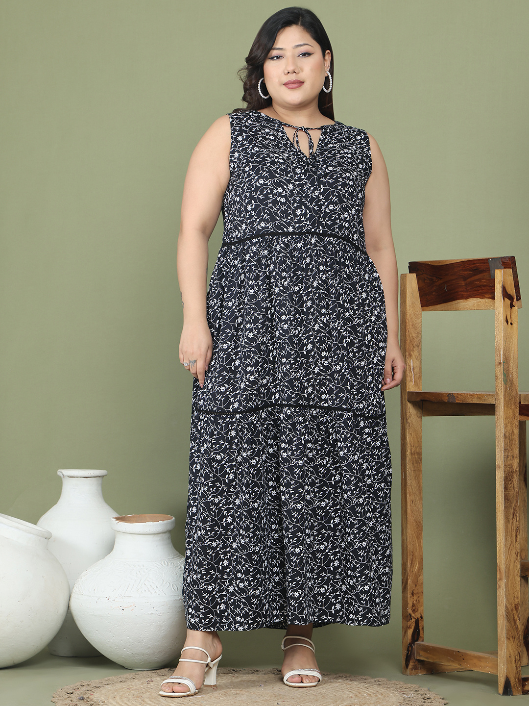 Women's Plus Size Black small floral printed a-line dress with attached ladder lace detail
