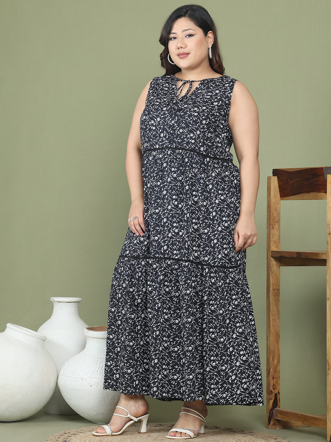 Women's Plus Size Black small floral printed a-line dress with attached ladder lace detail