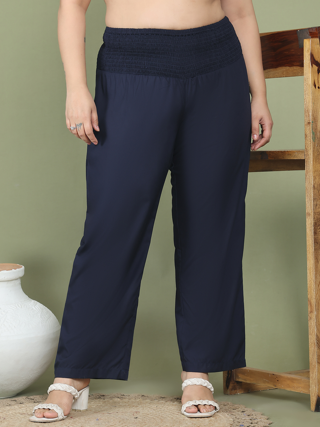 Women's Plus Size Navy Blue Solid Color Woven Straight Fit Trouser
