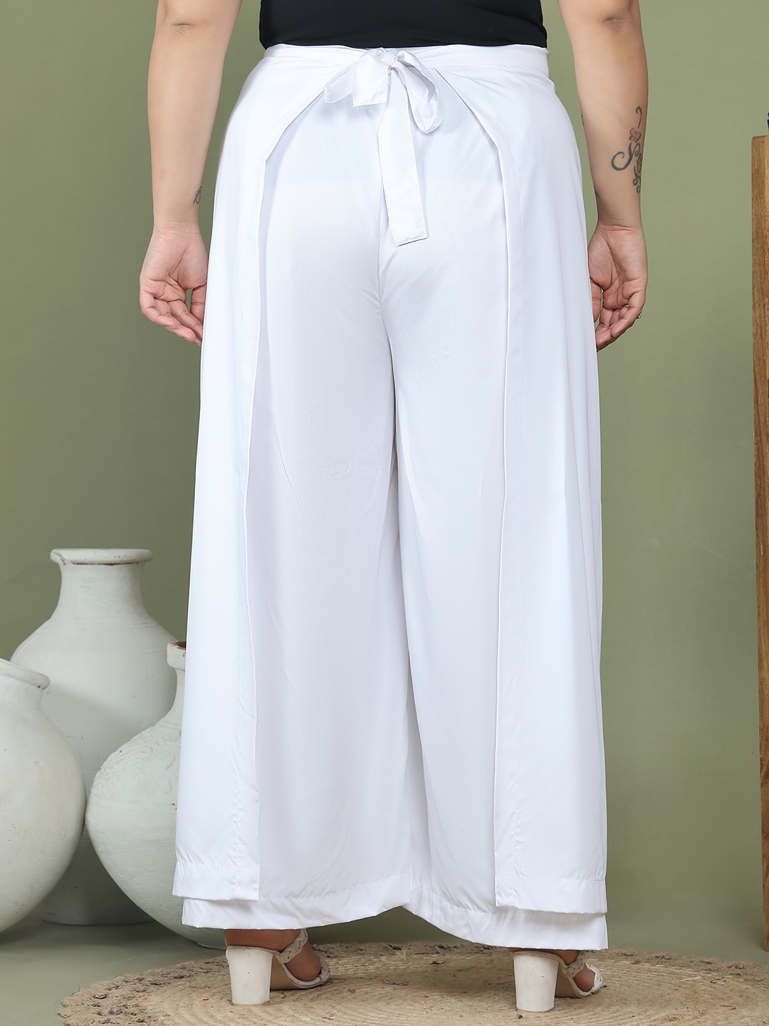 Women's Plus Size White solid color woven wrap wide leg Trouser