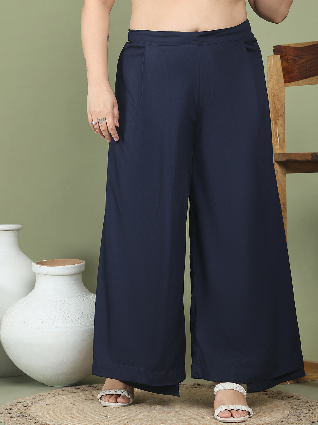 Women's Plus Size Navy Blue solid color woven wrap wide leg Trouser