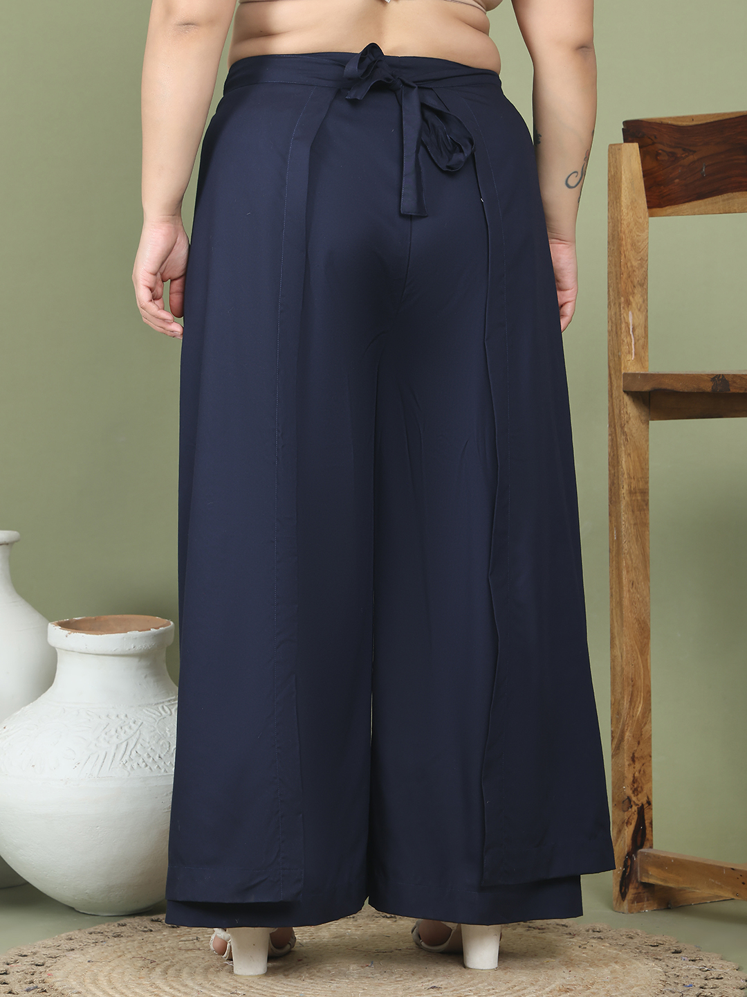 Women's Plus Size Navy Blue solid color woven wrap wide leg Trouser