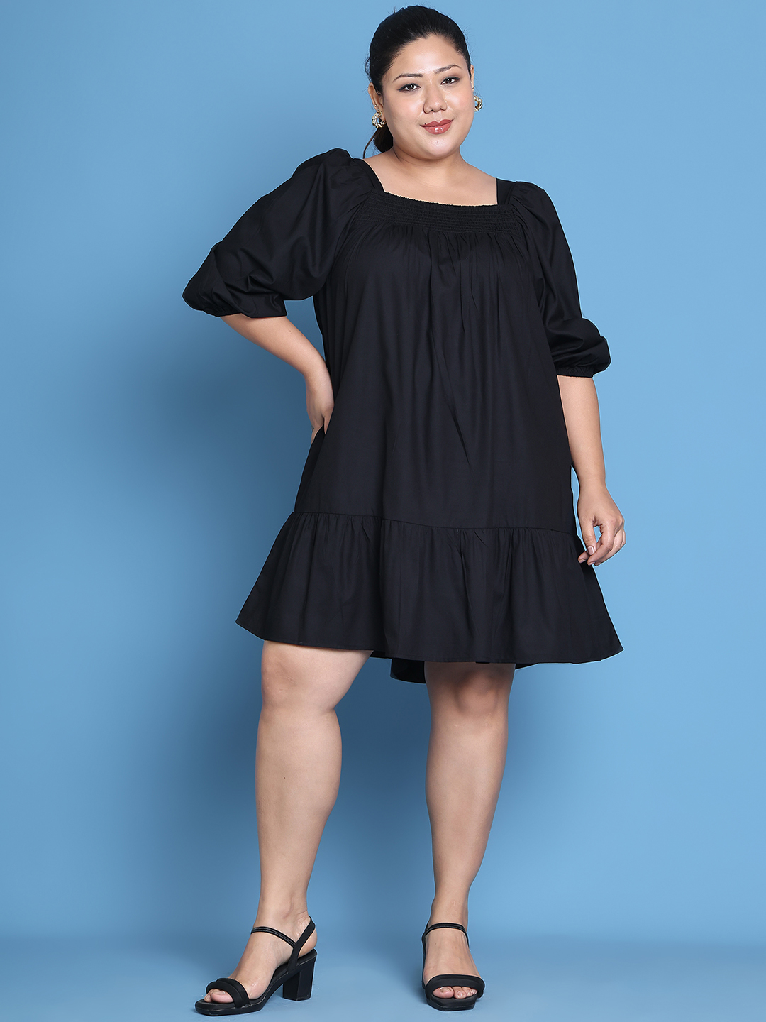 Women's Plus Size Black solid color woven A-Line Dress