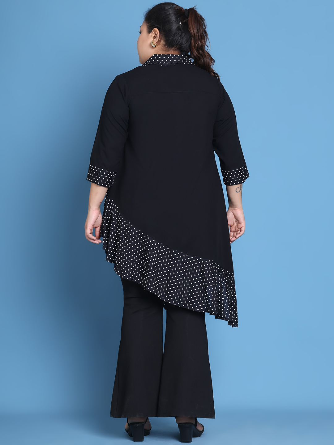 Women's Plus Size Black Solid Color and Black Polka Dot printed detail woven longline top