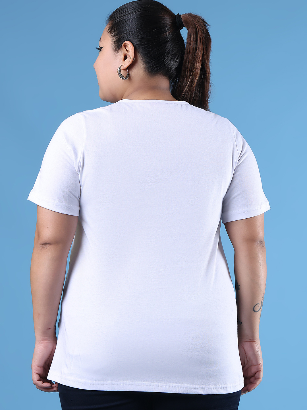 Women's Plus Size White Solid Color Printed Cotton T-shirt